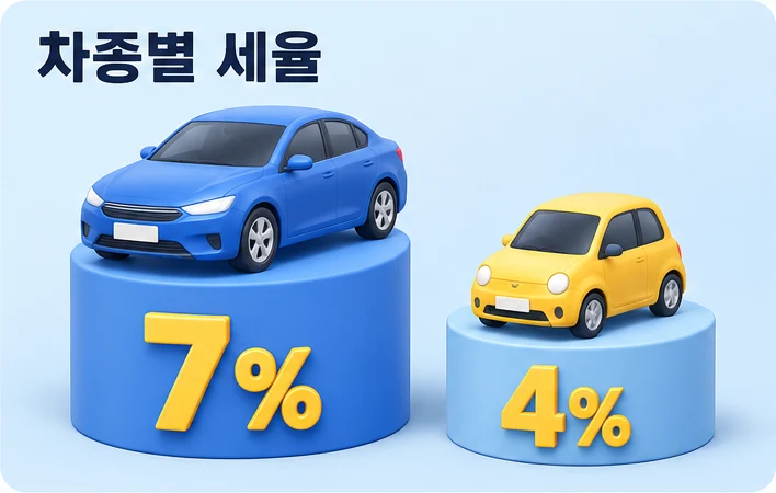 높은 받침대 위 세단은 7%, 낮은 받침대 위 경차는 4%로 차종별 자동차 취득세율 차이를 보여 주는 그림