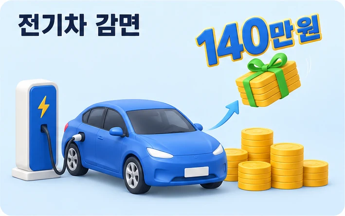 충전 중인 전기차 옆 동전 더미에서 140만 원 묶음이 빠져나가는 전기차 취득세 감면을 표현한 그림