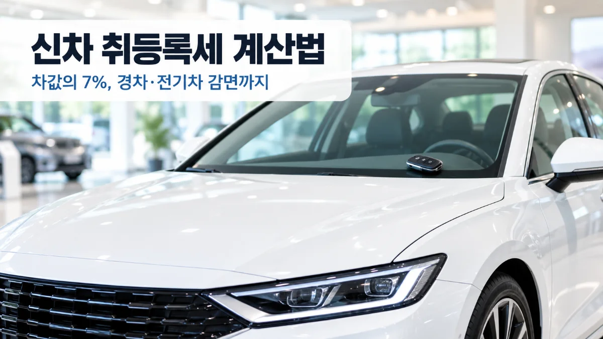 신차 취등록세 계산법 대표 이미지, 밝은 전시장에 세워진 흰색 신형 세단