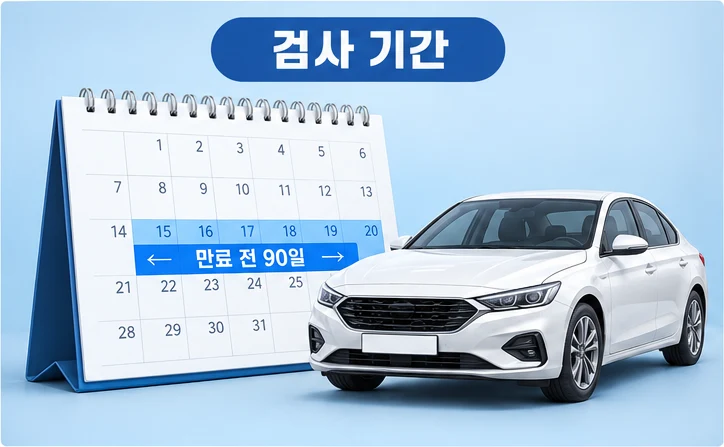 자동차 정기검사 기간이 검사 유효기간 만료일 전 90일부터라는 것을 탁상 달력과 흰색 승용차로 표현한 그림