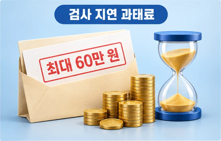 자동차 검사를 늦게 받으면 과태료가 최대 60만 원이라는 것을 고지서와 동전, 모래시계로 표현한 그림