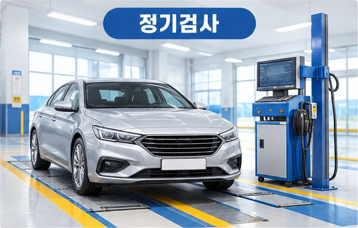 자동차 검사소 검사 차로 위에 선 은색 세단과 검사 장비를 그린 정기검사 그림