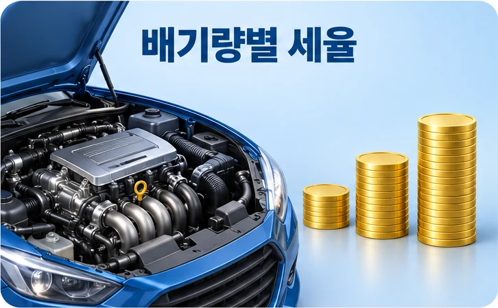 배기량이 클수록 자동차세가 커지는 배기량별 세율을 엔진과 크기가 다른 동전 기둥으로 표현한 그림