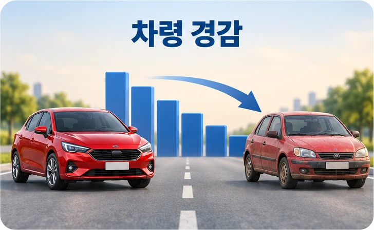 차령 3년 이상부터 자동차세가 매년 줄어드는 차령 경감을 새 차와 낡은 차 사이의 낮아지는 막대로 표현한 그림