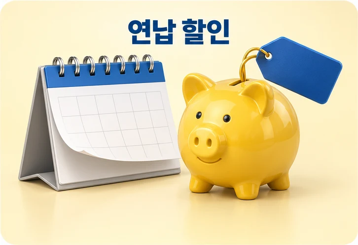 1월에 자동차세를 한꺼번에 내면 할인되는 연납 할인을 달력과 노란 돼지저금통으로 표현한 그림