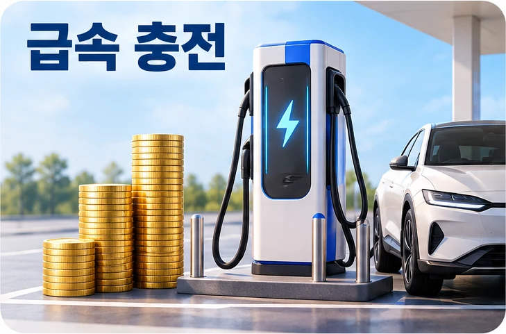 전기차 급속충전 요금을 번개 빛이 나는 급속충전기와 금색 동전 기둥으로 표현한 그림