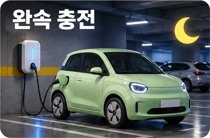 밤 시간 아파트 지하주차장 완속충전기에 연결된 연두색 소형 전기차로 완속충전 요금을 표현한 그림