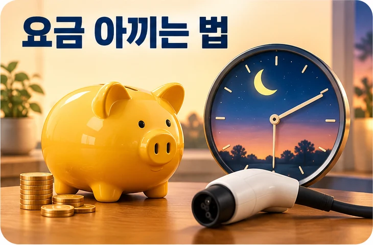 밤 시간 충전으로 전기차 충전 요금을 아끼는 법을 돼지저금통과 밤하늘 시계로 표현한 그림