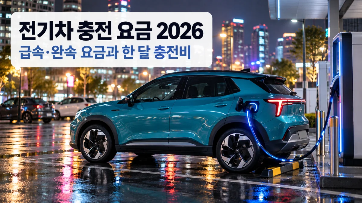 전기차 충전 요금 대표 이미지, 비 내린 밤 도심 주차장에서 급속충전 중인 청록색 전기 SUV