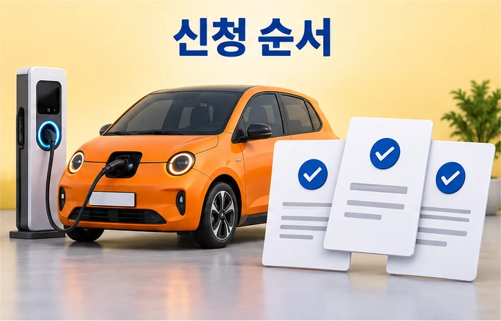 전기차 보조금 신청 순서를 충전 중인 주황색 소형 전기차와 체크 표시된 서류로 표현한 그림