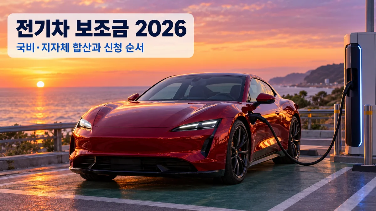 전기차 보조금 2026 대표 이미지, 해 질 녘 해안 휴게소 급속충전기에 연결된 빨간색 전기 스포츠 쿠페