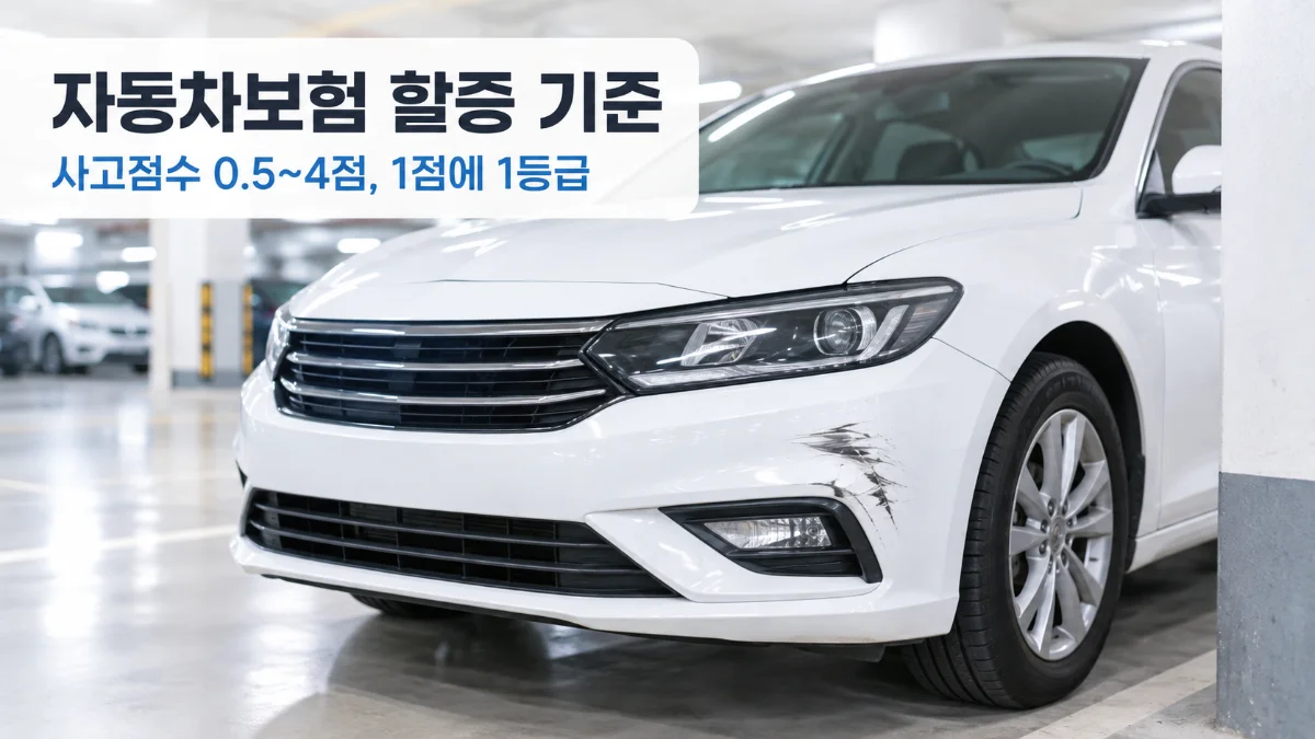자동차보험 할증 기준 대표 이미지, 주차장 기둥 옆에서 범퍼가 살짝 긁힌 흰색 승용차