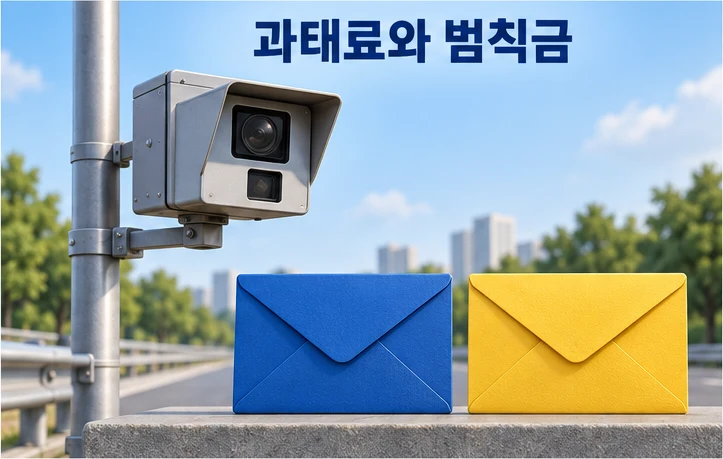 무인 카메라 과태료와 경찰 단속 범칙금의 차이를 단속 카메라와 색이 다른 봉투 두 장으로 표현한 그림
