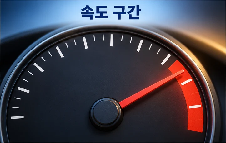 초과 속도 구간에 따라 속도위반 과태료가 달라지는 것을 빨간 구역을 가리키는 속도계로 표현한 그림