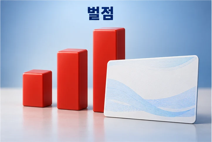 속도위반 벌점이 쌓이는 것을 높아지는 빨간 경고 막대와 빈 운전면허증 카드로 표현한 그림